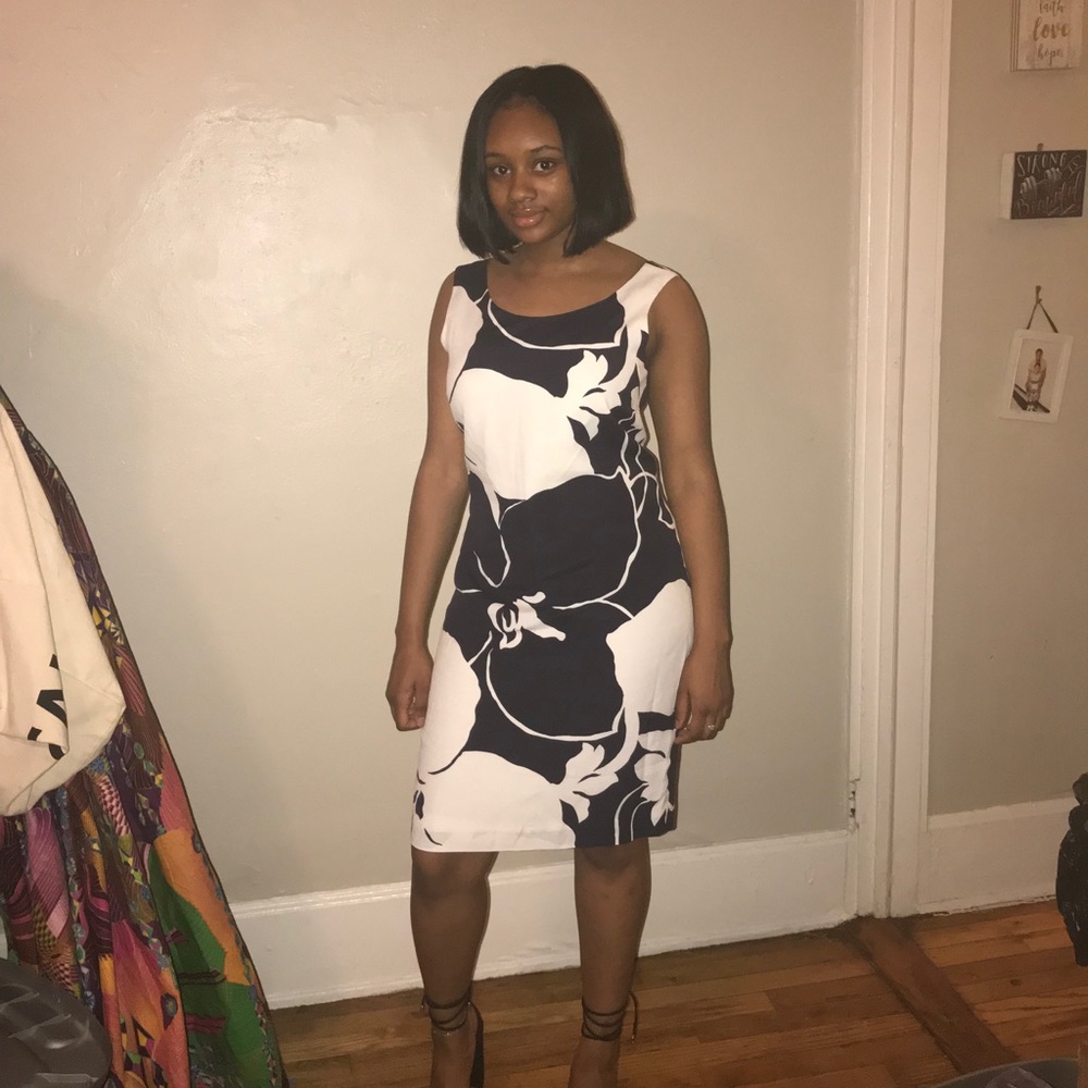 Navy and white floral print sheath dress